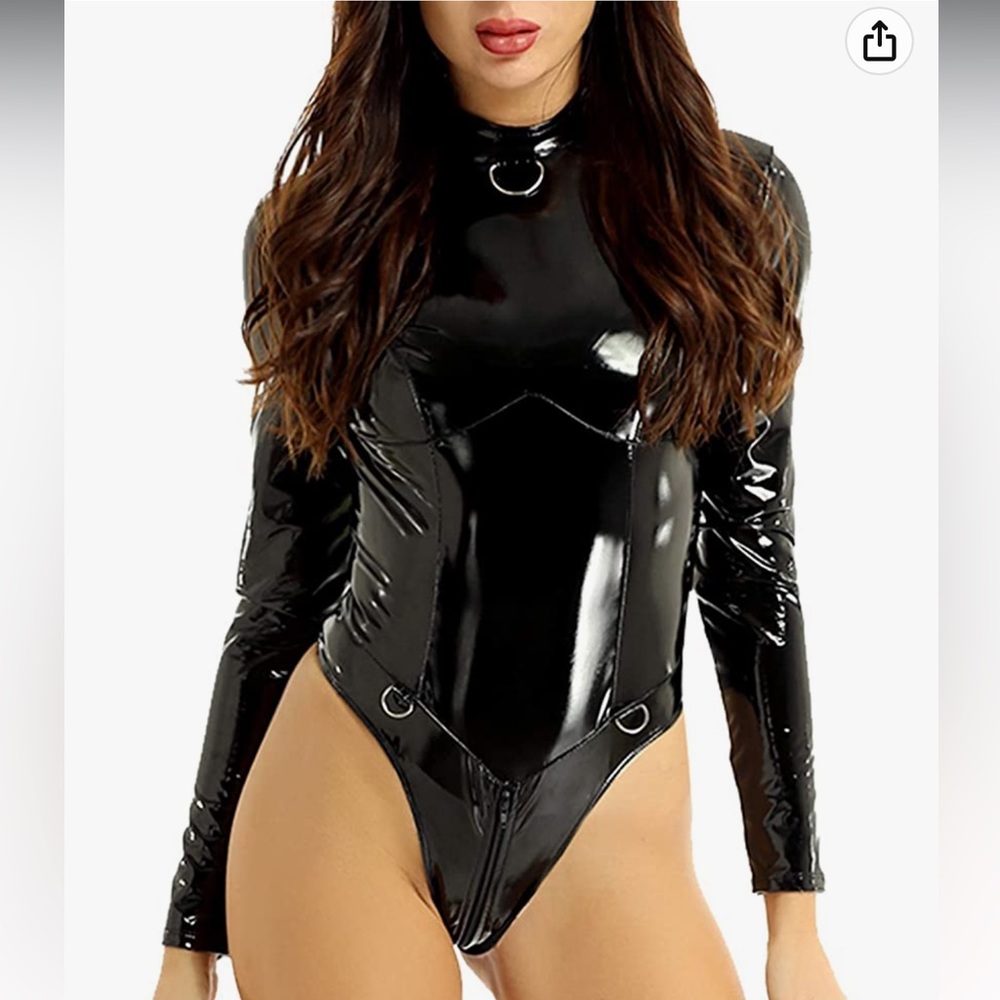 YiZYiF Women's PVC Leather Long Sleeves Zipper Crotch Bodycon Bodysuit - NWT